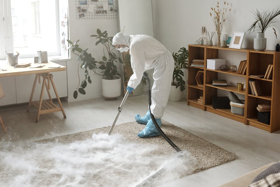 A person is vacuuming a traditional patterned area rug with a yellow and black vacuum cleaner in a well-lit room, possibly a living room or hallway. The individual's legs and feet are visible, wearing